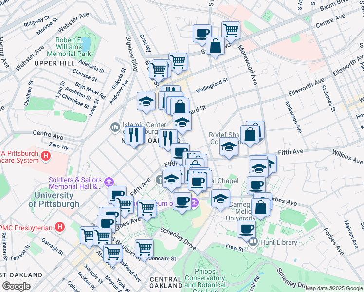 map of restaurants, bars, coffee shops, grocery stores, and more near in Pittsburgh
