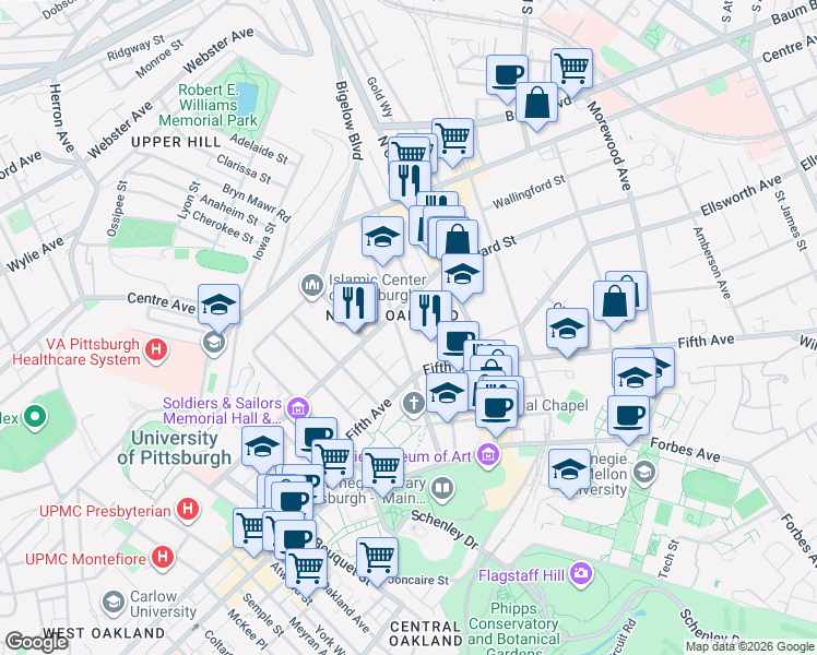 map of restaurants, bars, coffee shops, grocery stores, and more near 133 North Dithridge Street in Pittsburgh