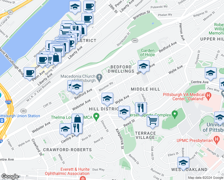 map of restaurants, bars, coffee shops, grocery stores, and more near 630 Midtown Square in Pittsburgh
