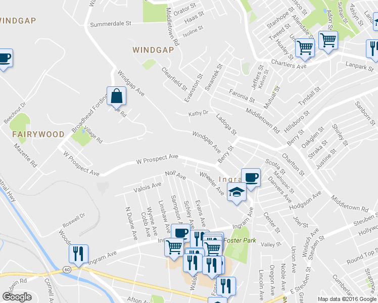 map of restaurants, bars, coffee shops, grocery stores, and more near in Ingram