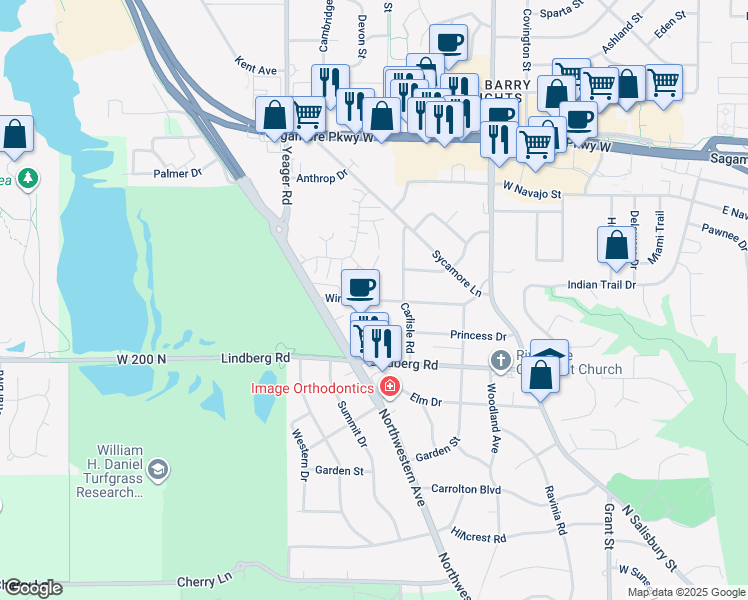 map of restaurants, bars, coffee shops, grocery stores, and more near 1115 Windsor Drive in West Lafayette