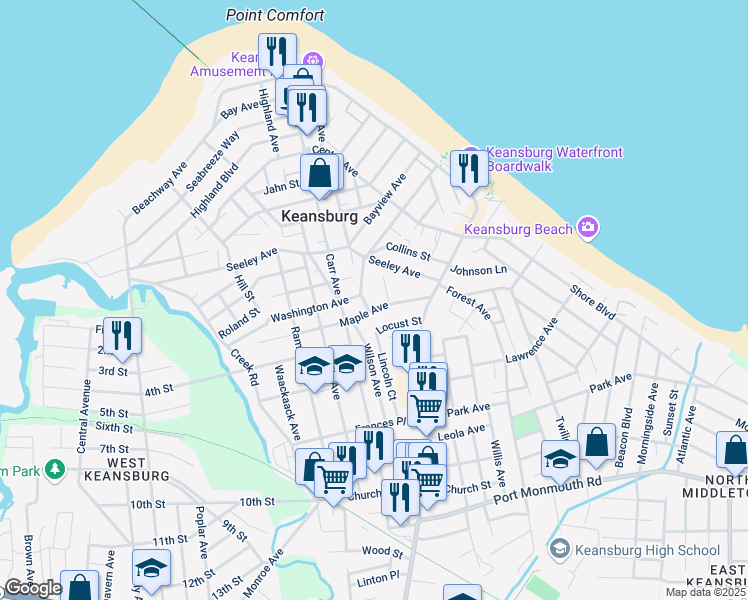 map of restaurants, bars, coffee shops, grocery stores, and more near 46 Maple Avenue in Keansburg