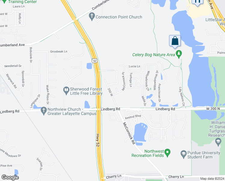 map of restaurants, bars, coffee shops, grocery stores, and more near 2110 McCormick Road in West Lafayette