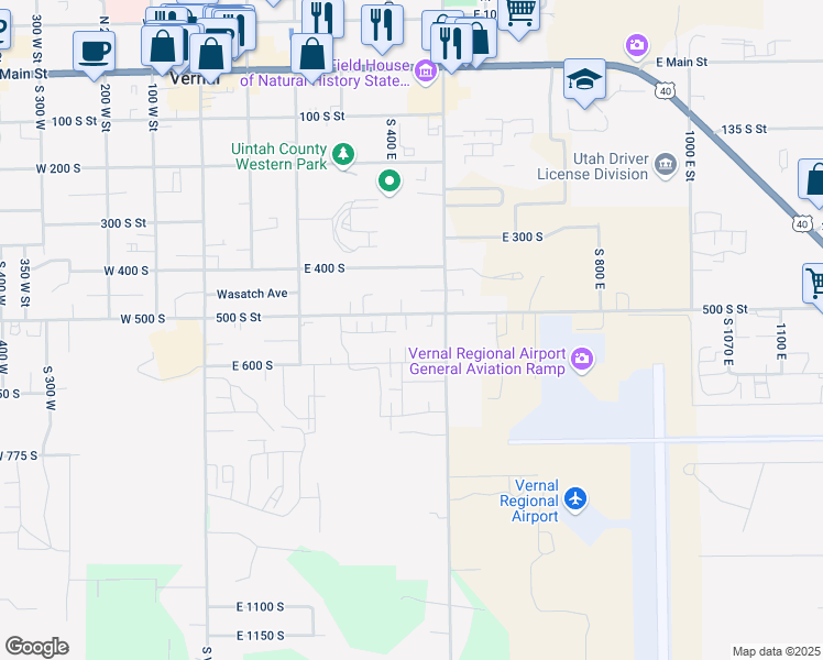 map of restaurants, bars, coffee shops, grocery stores, and more near 422 East 500 South in Vernal