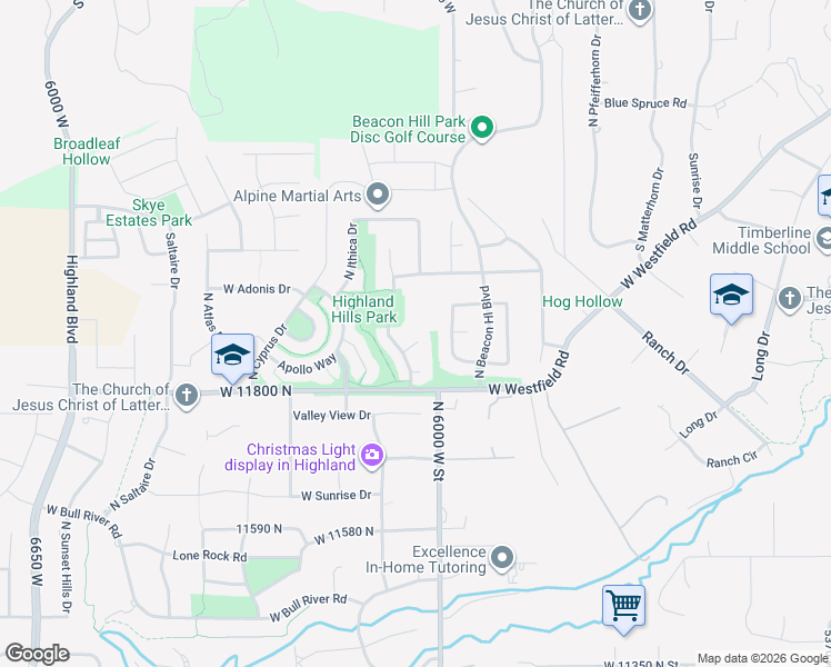 map of restaurants, bars, coffee shops, grocery stores, and more near 6034 West 11860 North in Highland