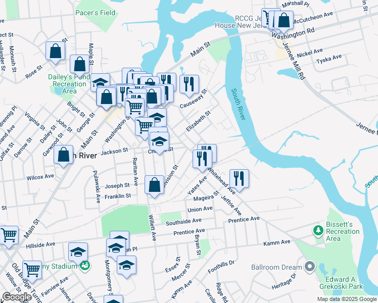 map of restaurants, bars, coffee shops, grocery stores, and more near 192 Whitehead Avenue in South River