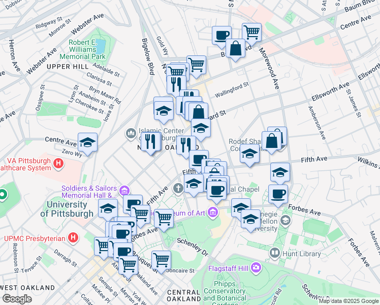 map of restaurants, bars, coffee shops, grocery stores, and more near 144 North Dithridge Street in Pittsburgh