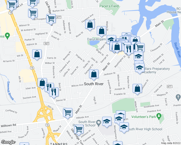 map of restaurants, bars, coffee shops, grocery stores, and more near 105 George Street in South River
