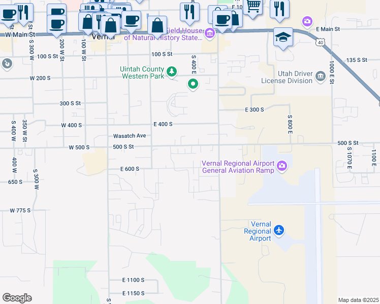 map of restaurants, bars, coffee shops, grocery stores, and more near 373 East 535 South in Vernal