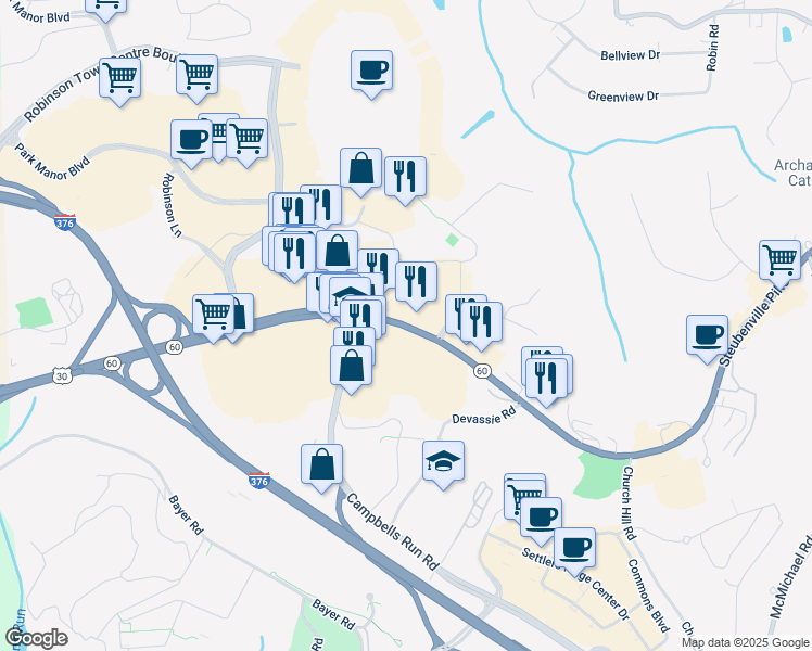 map of restaurants, bars, coffee shops, grocery stores, and more near 6530 Steubenville Pike in Pittsburgh