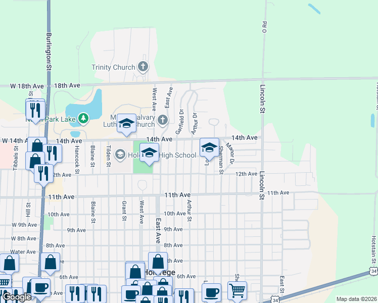 map of restaurants, bars, coffee shops, grocery stores, and more near 950-998 13th Avenue in Holdrege
