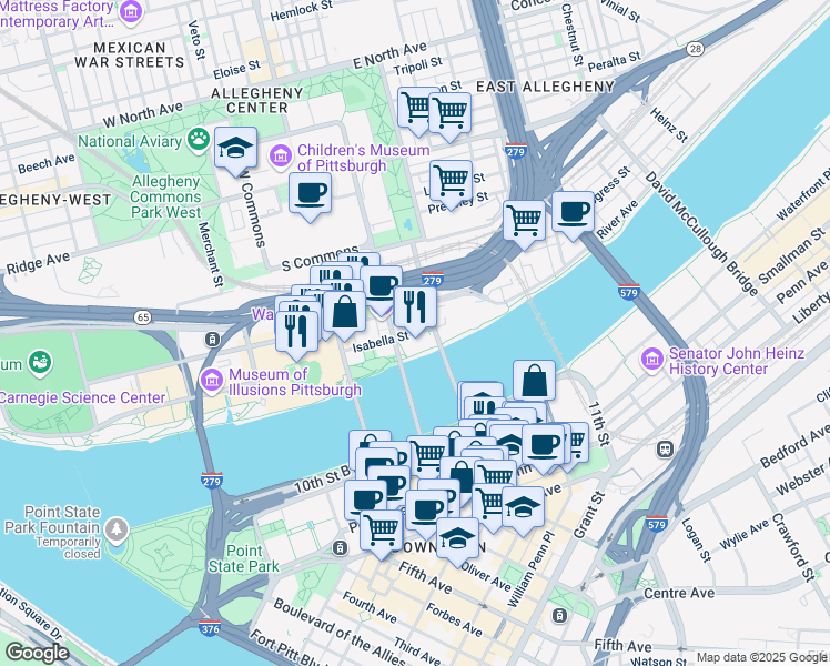 map of restaurants, bars, coffee shops, grocery stores, and more near 201 Isabella Street in Pittsburgh