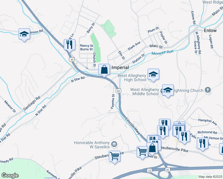 map of restaurants, bars, coffee shops, grocery stores, and more near 113 Fayette Street in Imperial