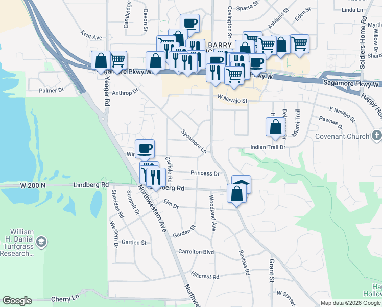map of restaurants, bars, coffee shops, grocery stores, and more near 909 Windsor Drive in West Lafayette