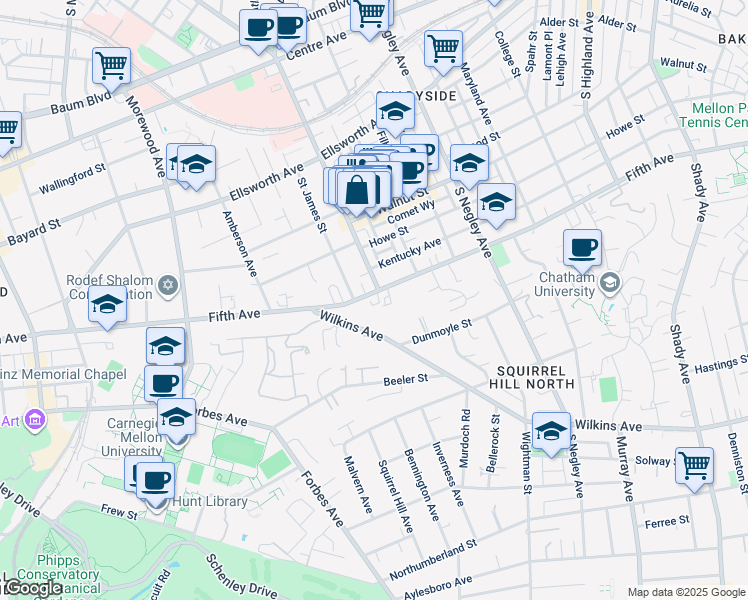 map of restaurants, bars, coffee shops, grocery stores, and more near 5267 Wilkins Avenue in Pittsburgh