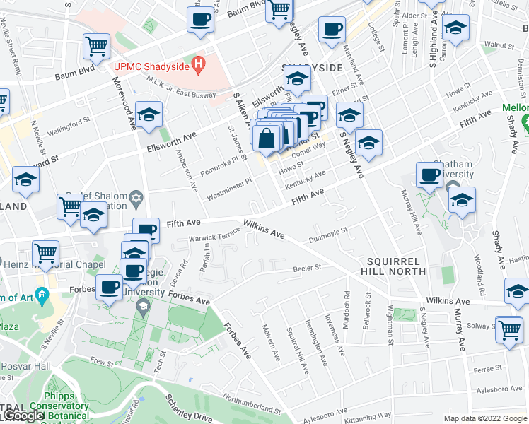 map of restaurants, bars, coffee shops, grocery stores, and more near 5267 Wilkins Avenue in Pittsburgh