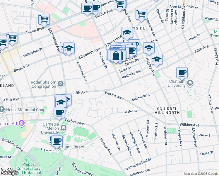 map of restaurants, bars, coffee shops, grocery stores, and more near 5211 Wilkins Avenue in Pittsburgh