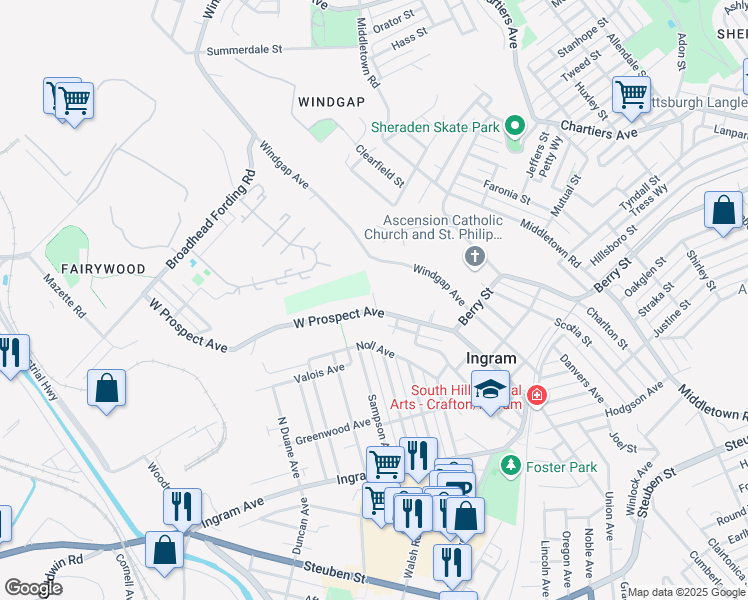 map of restaurants, bars, coffee shops, grocery stores, and more near 189 West Prospect Avenue in Pittsburgh