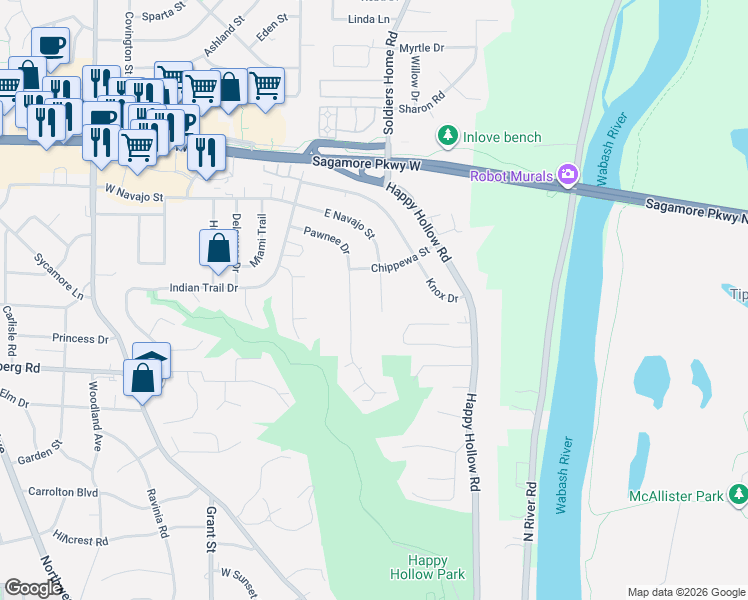 map of restaurants, bars, coffee shops, grocery stores, and more near 221 E Navajo St in West Lafayette