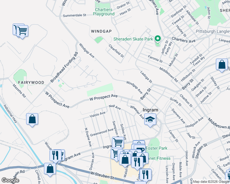 map of restaurants, bars, coffee shops, grocery stores, and more near 176 West Prospect Avenue in Pittsburgh