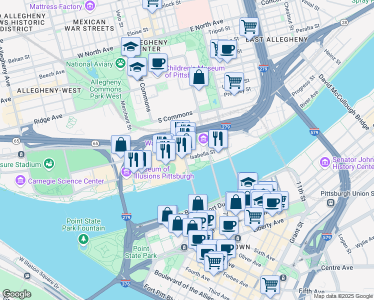 map of restaurants, bars, coffee shops, grocery stores, and more near 47 Federal Street in Pittsburgh