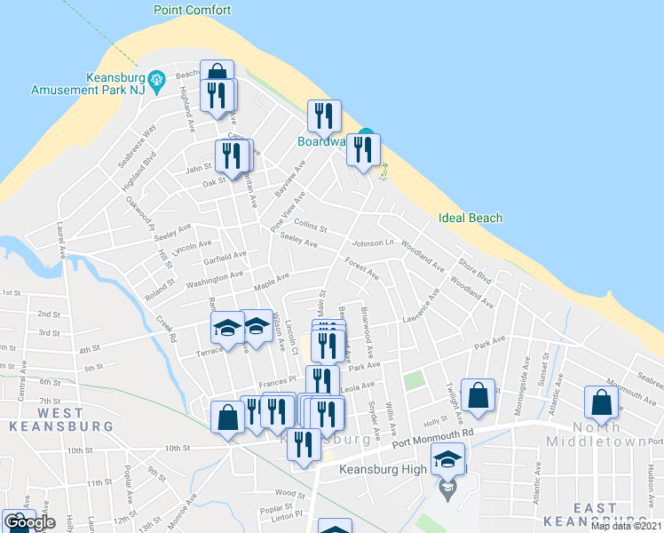map of restaurants, bars, coffee shops, grocery stores, and more near Main St & Maple Ave in Keansburg