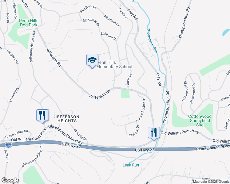 map of restaurants, bars, coffee shops, grocery stores, and more near 1154 Jefferson Road in Pittsburgh