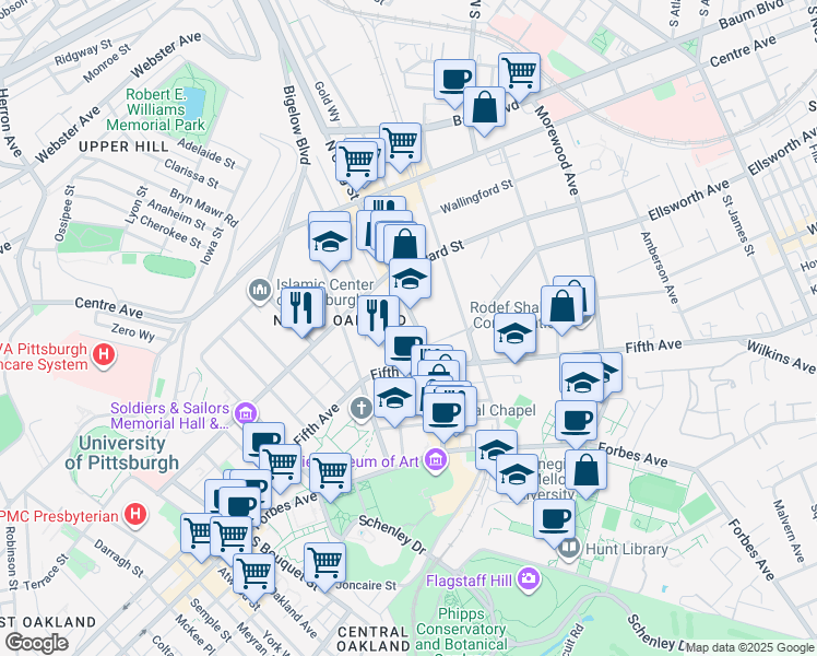 map of restaurants, bars, coffee shops, grocery stores, and more near in Pittsburgh
