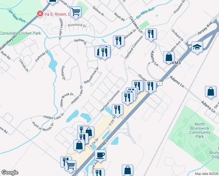 map of restaurants, bars, coffee shops, grocery stores, and more near 54 Dartmouth Way in North Brunswick Township