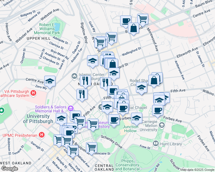 map of restaurants, bars, coffee shops, grocery stores, and more near 144 North Dithridge Street in Pittsburgh