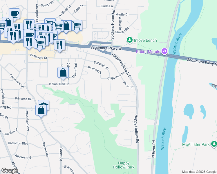map of restaurants, bars, coffee shops, grocery stores, and more near 221 E Navajo St in West Lafayette