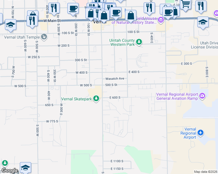 map of restaurants, bars, coffee shops, grocery stores, and more near 62 East 500 South in Vernal