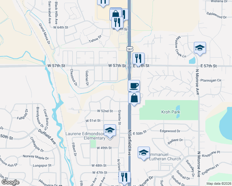 map of restaurants, bars, coffee shops, grocery stores, and more near 201 Ranch Acres Drive in Loveland