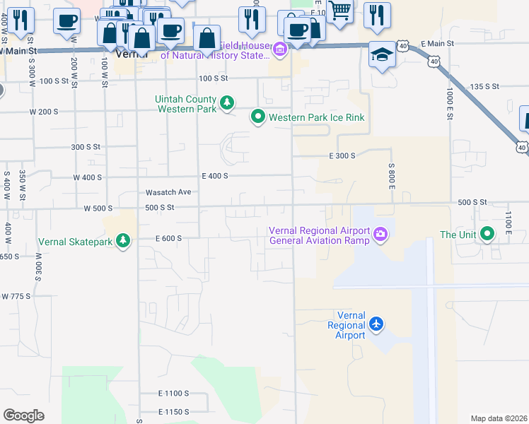 map of restaurants, bars, coffee shops, grocery stores, and more near 422 East 500 South in Vernal