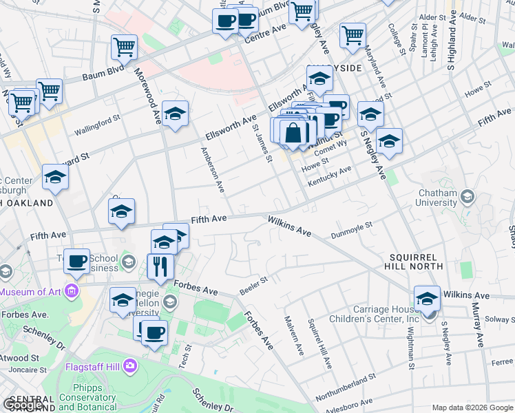 map of restaurants, bars, coffee shops, grocery stores, and more near 5120 Fifth Avenue in Pittsburgh