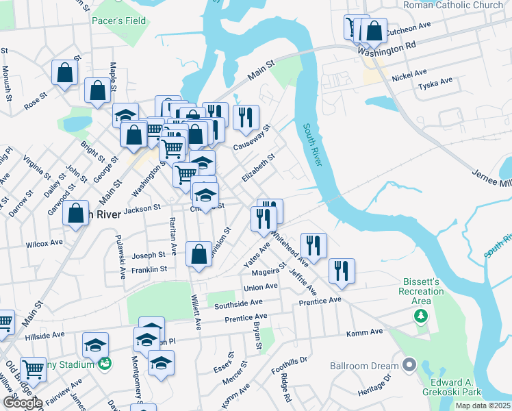 map of restaurants, bars, coffee shops, grocery stores, and more near 170 Whitehead Avenue in South River