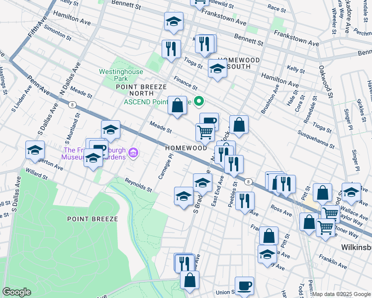 map of restaurants, bars, coffee shops, grocery stores, and more near 7418 Penn Avenue in Pittsburgh