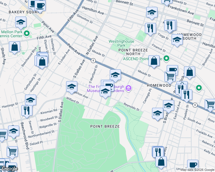 map of restaurants, bars, coffee shops, grocery stores, and more near 329 South Lang Avenue in Pittsburgh