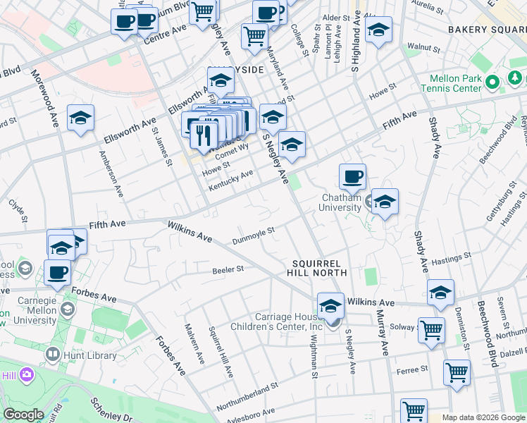 map of restaurants, bars, coffee shops, grocery stores, and more near 5525 Dunmoyle Street in Pittsburgh