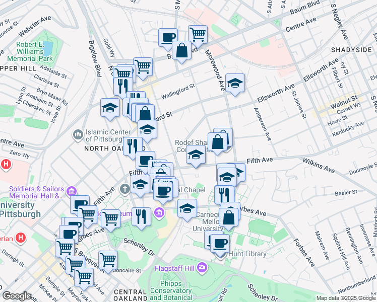 map of restaurants, bars, coffee shops, grocery stores, and more near 617 North Neville Street in Pittsburgh
