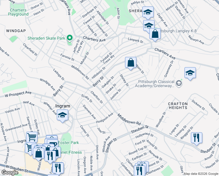 map of restaurants, bars, coffee shops, grocery stores, and more near 1431 Straka Street in Pittsburgh