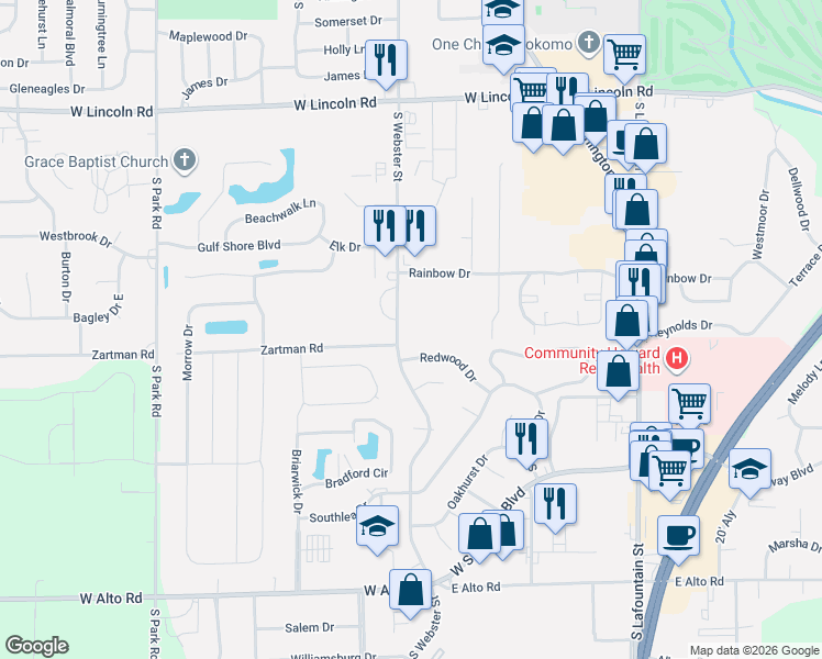 map of restaurants, bars, coffee shops, grocery stores, and more near 404 Redwood Dr in Kokomo