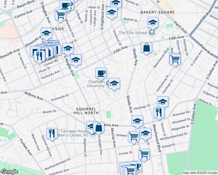 map of restaurants, bars, coffee shops, grocery stores, and more near 107 Woodland Road in Pittsburgh
