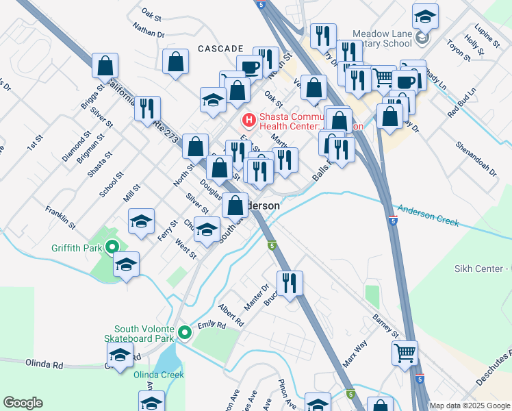 map of restaurants, bars, coffee shops, grocery stores, and more near 1905 Spruce Circle in Anderson
