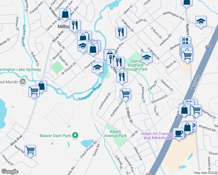 map of restaurants, bars, coffee shops, grocery stores, and more near 301 Crestwood Drive in Milltown