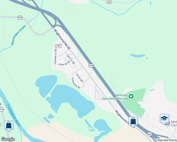 map of restaurants, bars, coffee shops, grocery stores, and more near 1922 Brightwood Road Southeast in New Philadelphia