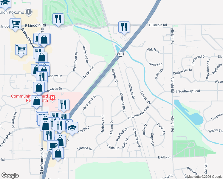 map of restaurants, bars, coffee shops, grocery stores, and more near 3106 Orleans Court in Kokomo