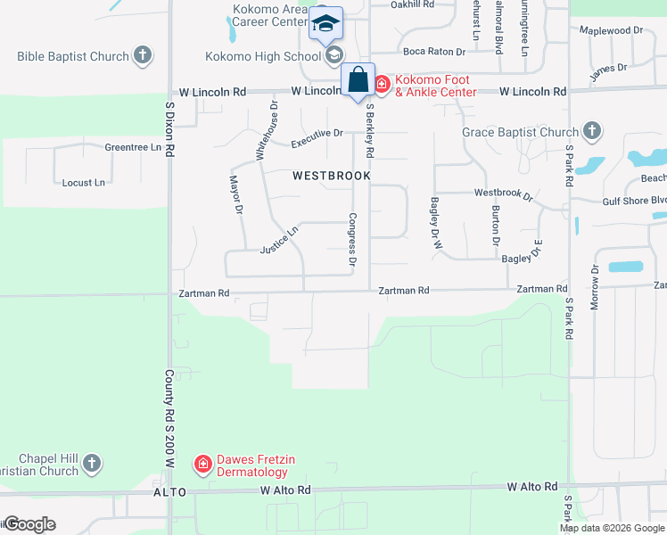 map of restaurants, bars, coffee shops, grocery stores, and more near 1801 Zartman Road in Kokomo