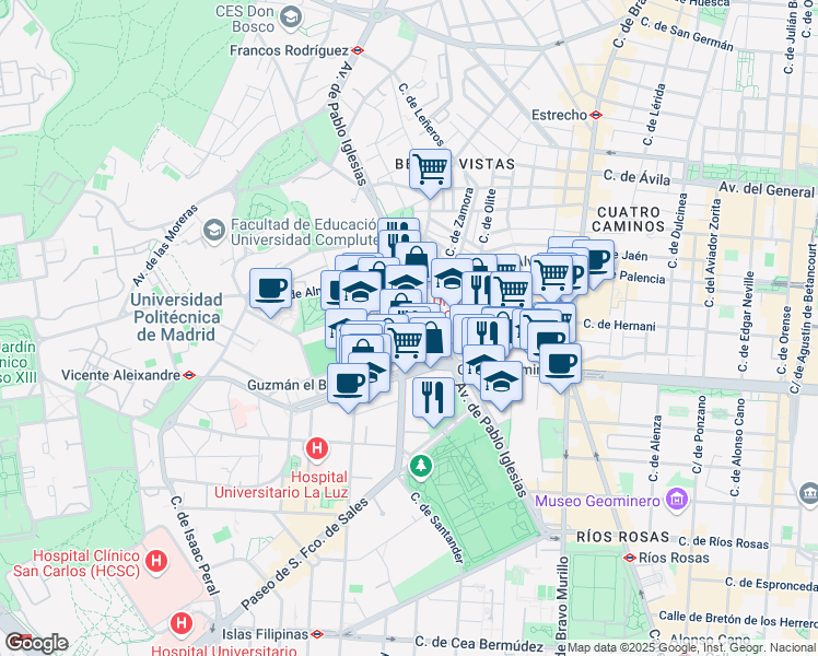 map of restaurants, bars, coffee shops, grocery stores, and more near 5 Calle Vivero in Madrid