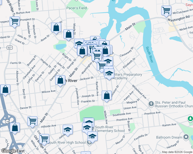 map of restaurants, bars, coffee shops, grocery stores, and more near Jackson Street & Willett Lane in South River